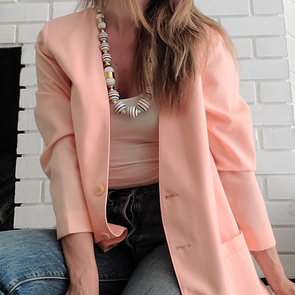 Vintage 80s Pink Linen Blazer w/ Shoulder Pads - Picture 2 of 9